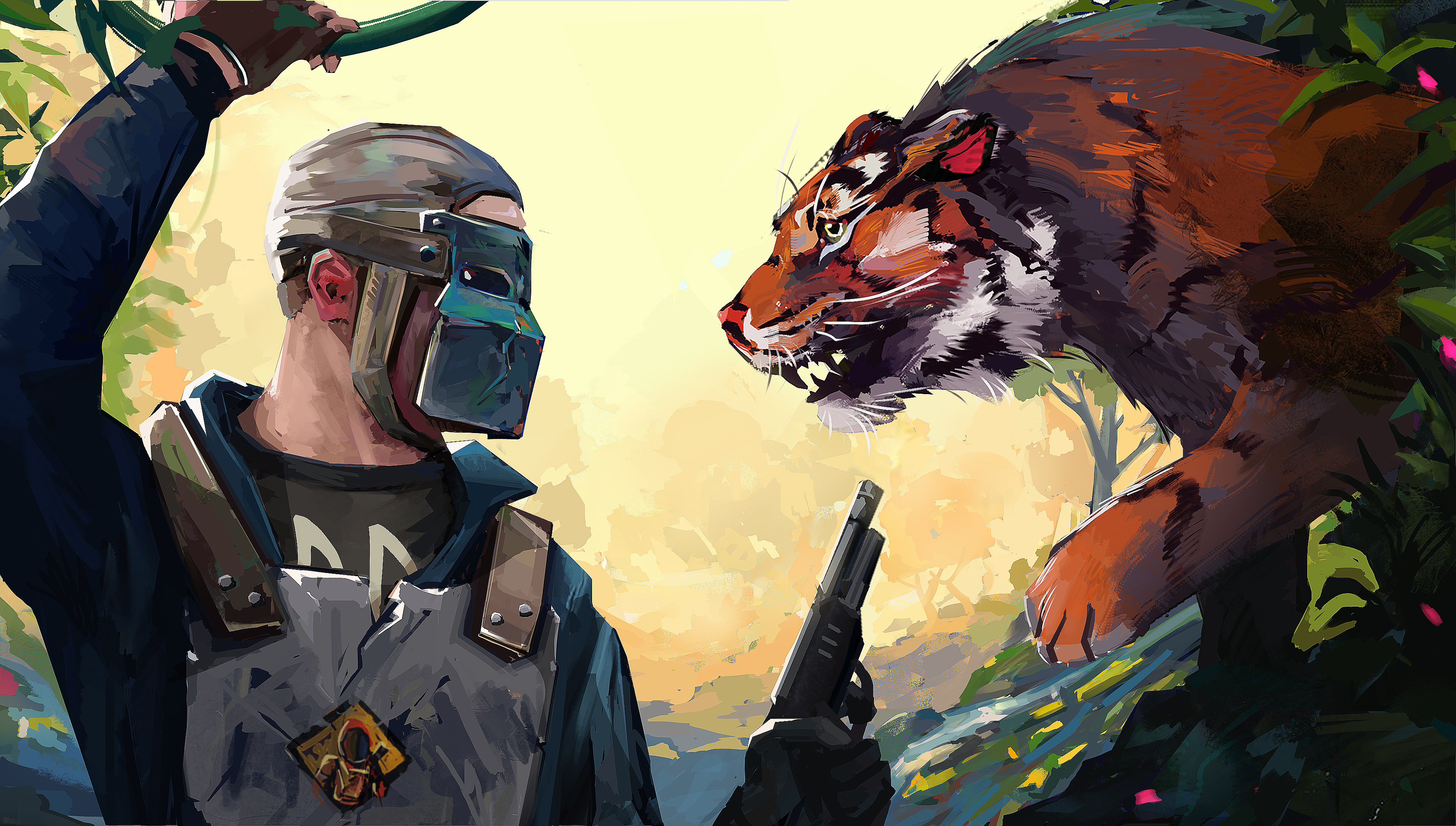 Rust survivor in welder mask facing a tiger
